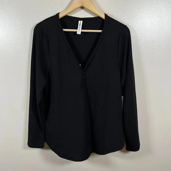 Athleta Wind Down Sleep Top Size XL Black Waffle Knit Henley Lounge Comfy - Picture 2 of 12